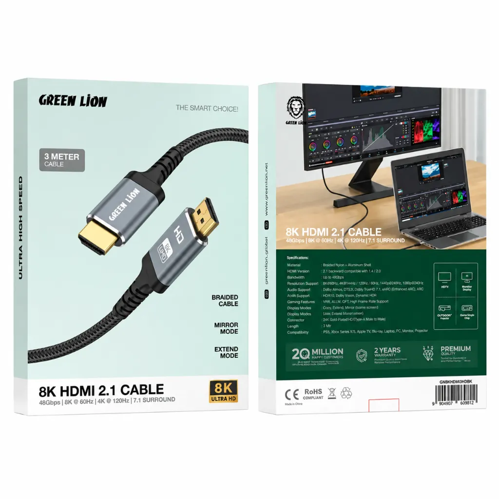 كابل جرين لايون HDMI 2.1 مضفّر 8K بطول 3 متر – أسود — 2
