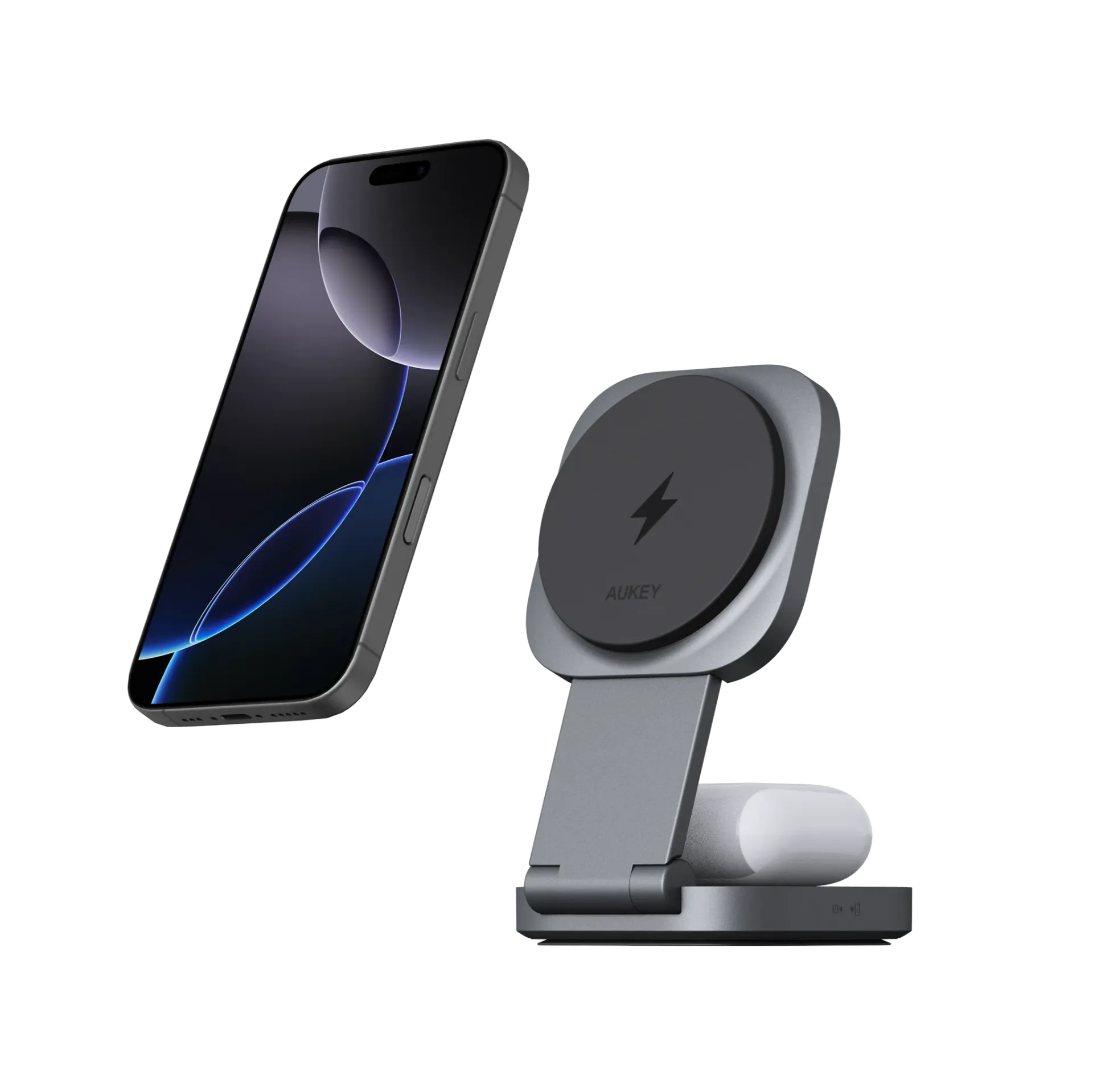 شاحن لاسلكي مغناطيسي قابل للطي 2 في 1 من Aukey - رمادي