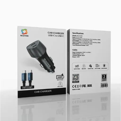 MASTER 66W Car Charger USB-C to USB-C with Braided Cable-Black