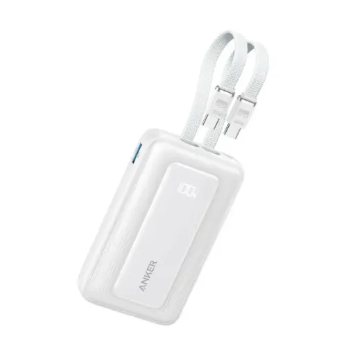  باور بانك من انكر 10000 مللي أمبير، 35 واط، مع كيبلين USB-C مدمجين – أبيض
